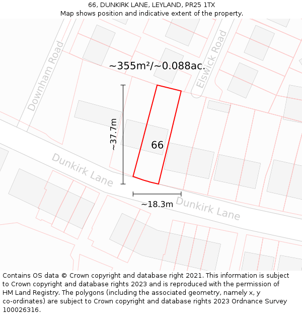 66, DUNKIRK LANE, LEYLAND, PR25 1TX: Plot and title map
