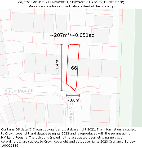 66, EDGEMOUNT, KILLINGWORTH, NEWCASTLE UPON TYNE, NE12 6GQ: Plot and title map