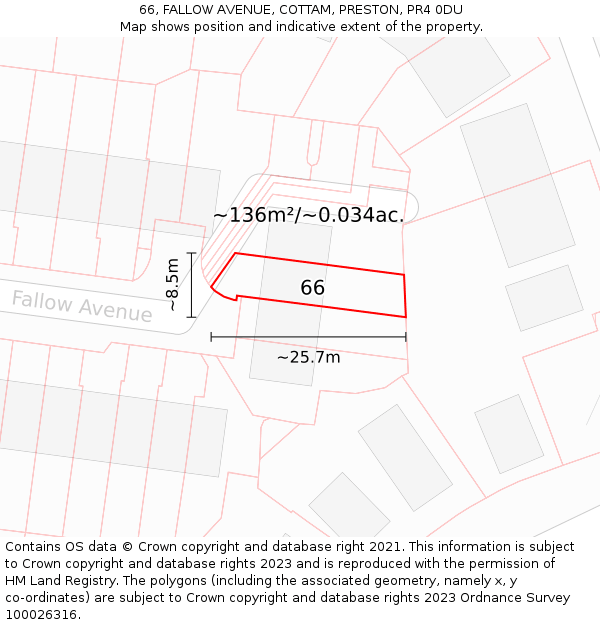 66, FALLOW AVENUE, COTTAM, PRESTON, PR4 0DU: Plot and title map