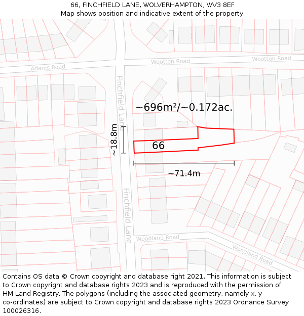 66, FINCHFIELD LANE, WOLVERHAMPTON, WV3 8EF: Plot and title map