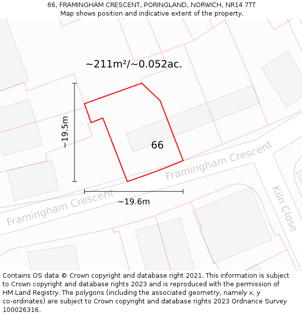 66, FRAMINGHAM CRESCENT, PORINGLAND, NORWICH, NR14 7TT: Plot and title map