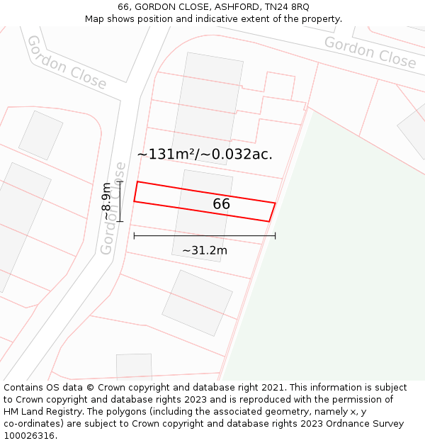 66, GORDON CLOSE, ASHFORD, TN24 8RQ: Plot and title map