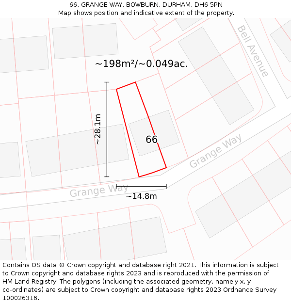 66, GRANGE WAY, BOWBURN, DURHAM, DH6 5PN: Plot and title map