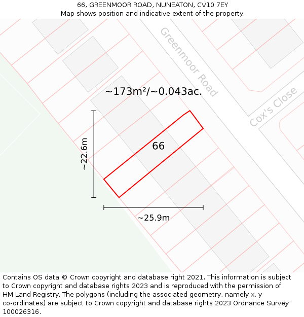 66, GREENMOOR ROAD, NUNEATON, CV10 7EY: Plot and title map