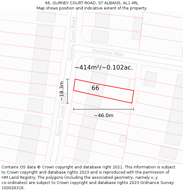 66, GURNEY COURT ROAD, ST ALBANS, AL1 4RL: Plot and title map