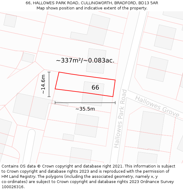 66, HALLOWES PARK ROAD, CULLINGWORTH, BRADFORD, BD13 5AR: Plot and title map