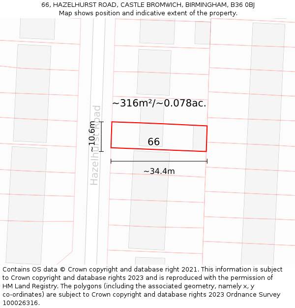 66, HAZELHURST ROAD, CASTLE BROMWICH, BIRMINGHAM, B36 0BJ: Plot and title map