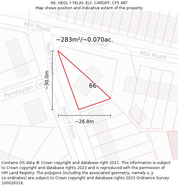 66, HEOL Y FELIN, ELY, CARDIFF, CF5 4BT: Plot and title map