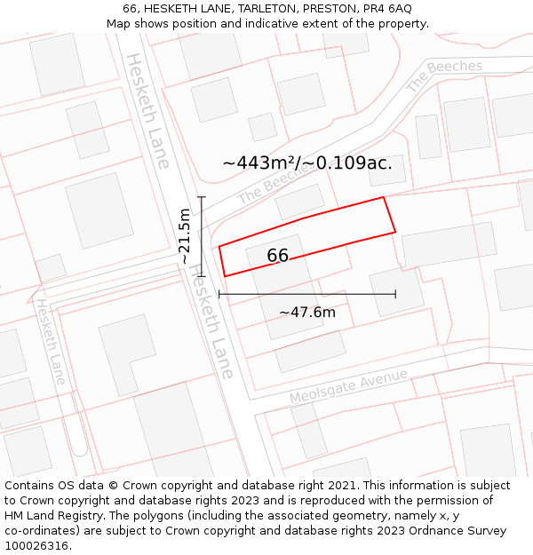 66, HESKETH LANE, TARLETON, PRESTON, PR4 6AQ: Plot and title map