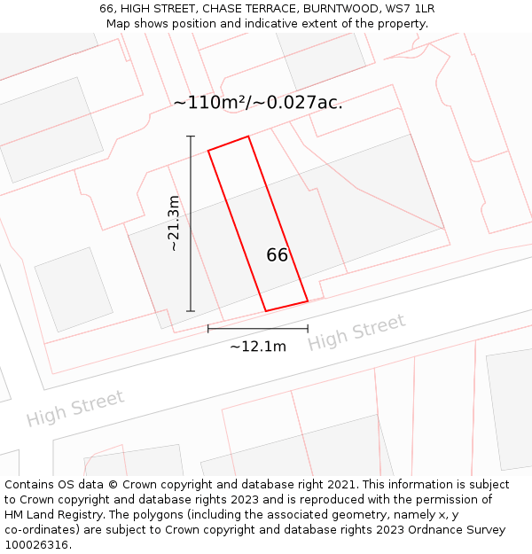 66, HIGH STREET, CHASE TERRACE, BURNTWOOD, WS7 1LR: Plot and title map