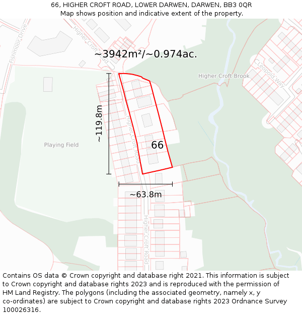 66, HIGHER CROFT ROAD, LOWER DARWEN, DARWEN, BB3 0QR: Plot and title map