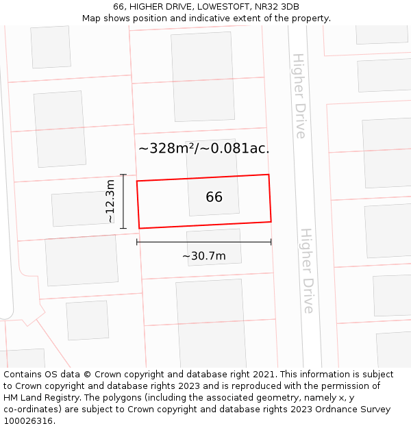 66, HIGHER DRIVE, LOWESTOFT, NR32 3DB: Plot and title map