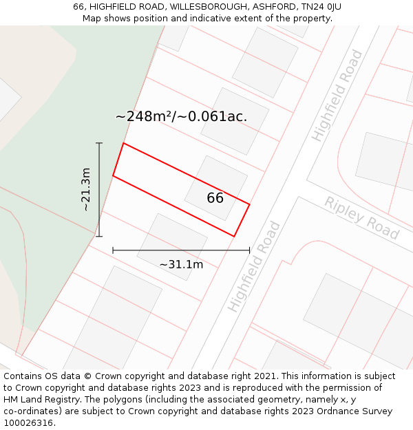 66, HIGHFIELD ROAD, WILLESBOROUGH, ASHFORD, TN24 0JU: Plot and title map