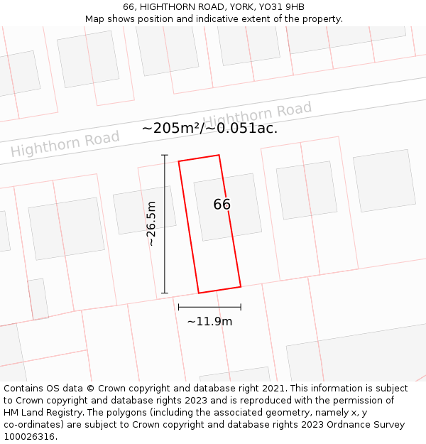 66, HIGHTHORN ROAD, YORK, YO31 9HB: Plot and title map