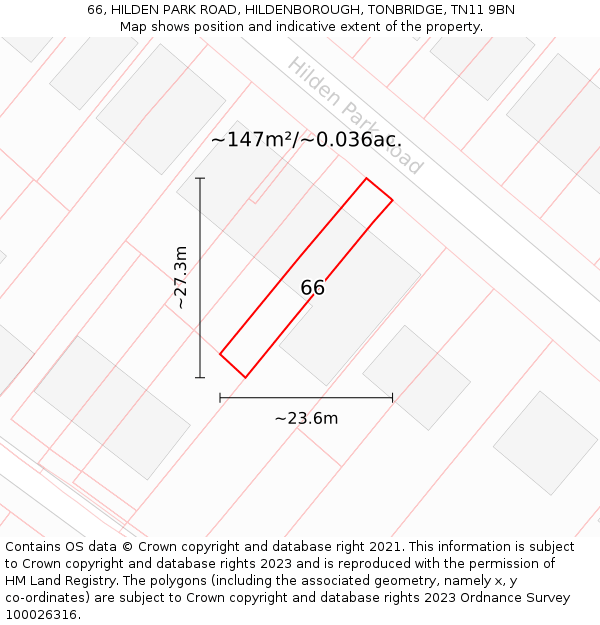 66, HILDEN PARK ROAD, HILDENBOROUGH, TONBRIDGE, TN11 9BN: Plot and title map