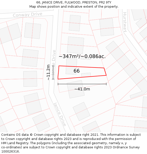 66, JANICE DRIVE, FULWOOD, PRESTON, PR2 9TY: Plot and title map
