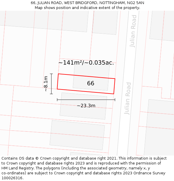 66, JULIAN ROAD, WEST BRIDGFORD, NOTTINGHAM, NG2 5AN: Plot and title map