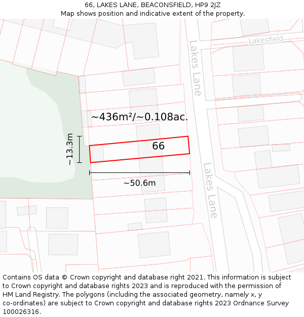 66, LAKES LANE, BEACONSFIELD, HP9 2JZ: Plot and title map