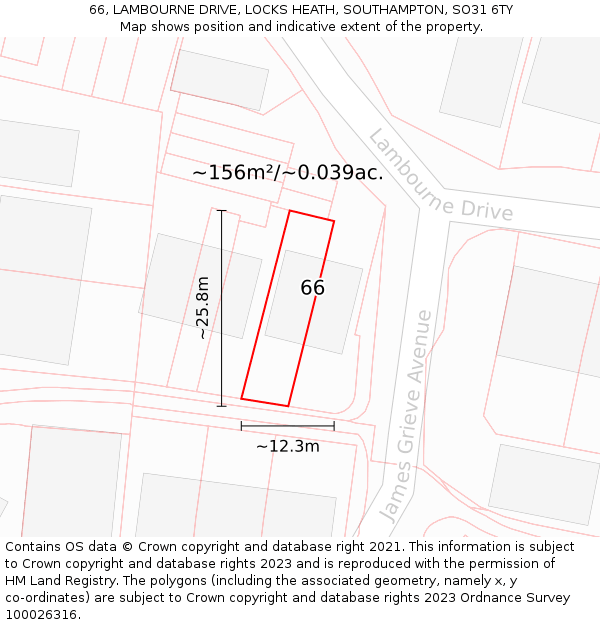 66, LAMBOURNE DRIVE, LOCKS HEATH, SOUTHAMPTON, SO31 6TY: Plot and title map