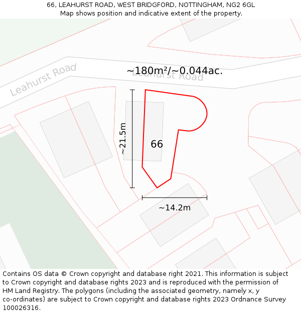 66, LEAHURST ROAD, WEST BRIDGFORD, NOTTINGHAM, NG2 6GL: Plot and title map