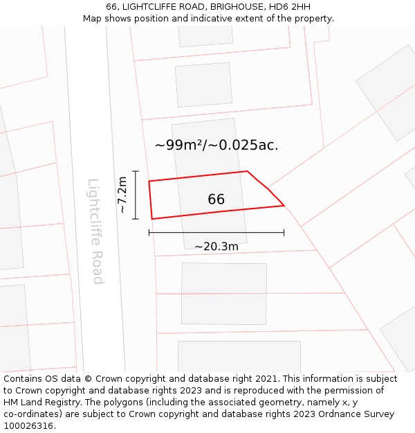 66, LIGHTCLIFFE ROAD, BRIGHOUSE, HD6 2HH: Plot and title map