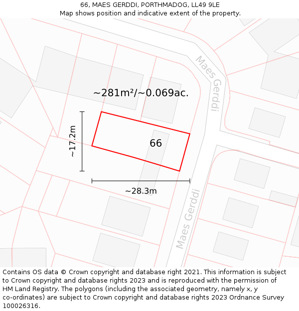 66, MAES GERDDI, PORTHMADOG, LL49 9LE: Plot and title map