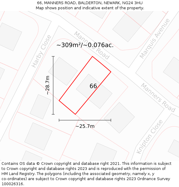 66, MANNERS ROAD, BALDERTON, NEWARK, NG24 3HU: Plot and title map