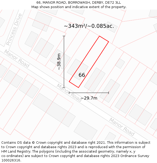 66, MANOR ROAD, BORROWASH, DERBY, DE72 3LL: Plot and title map