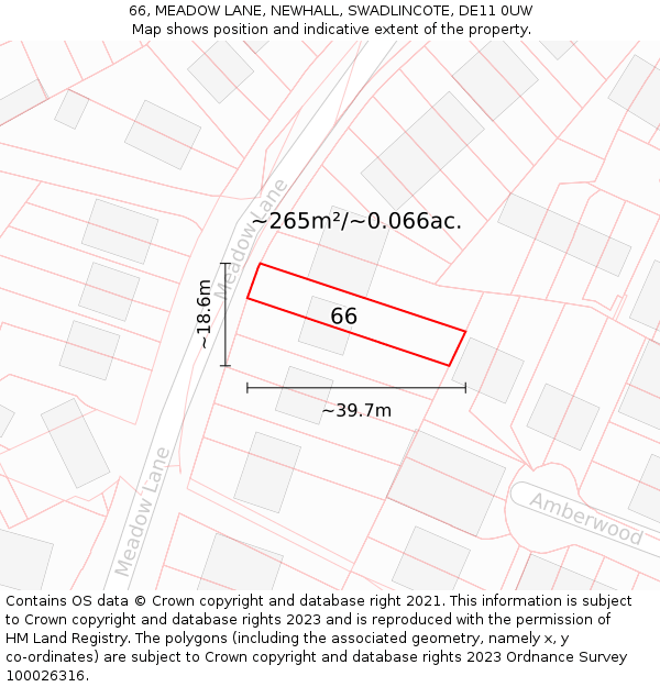 66, MEADOW LANE, NEWHALL, SWADLINCOTE, DE11 0UW: Plot and title map