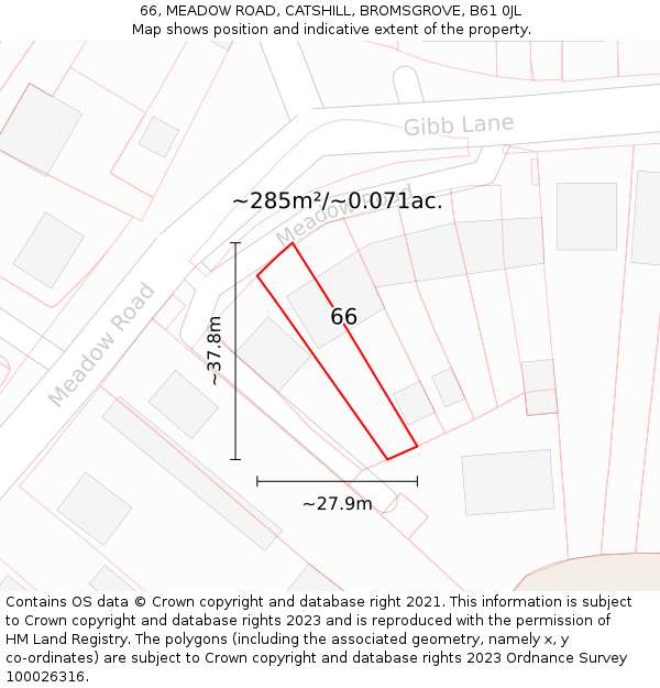 66, MEADOW ROAD, CATSHILL, BROMSGROVE, B61 0JL: Plot and title map