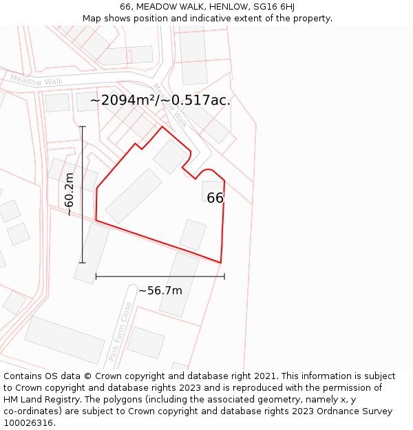 66, MEADOW WALK, HENLOW, SG16 6HJ: Plot and title map