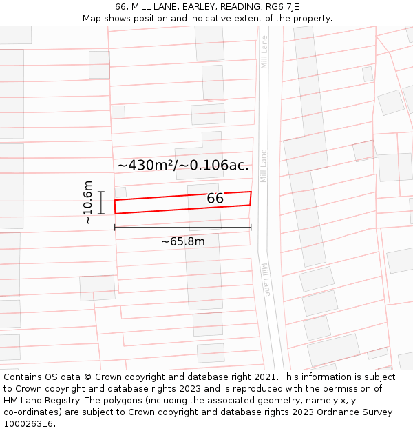 66, MILL LANE, EARLEY, READING, RG6 7JE: Plot and title map