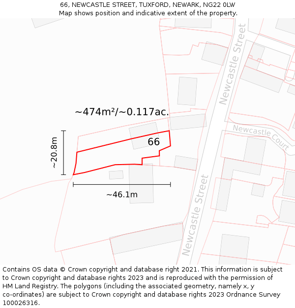 66, NEWCASTLE STREET, TUXFORD, NEWARK, NG22 0LW: Plot and title map