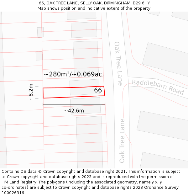 66, OAK TREE LANE, SELLY OAK, BIRMINGHAM, B29 6HY: Plot and title map