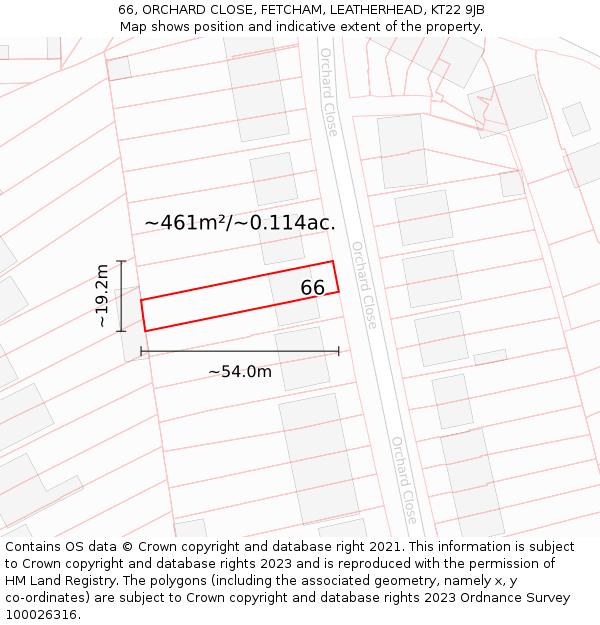 66, ORCHARD CLOSE, FETCHAM, LEATHERHEAD, KT22 9JB: Plot and title map