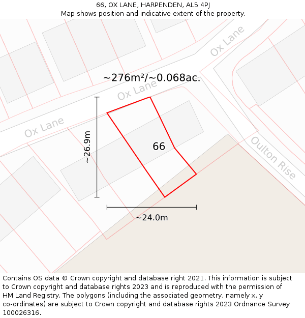 66, OX LANE, HARPENDEN, AL5 4PJ: Plot and title map