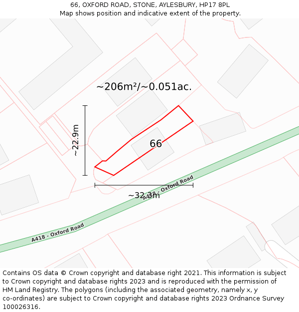 66, OXFORD ROAD, STONE, AYLESBURY, HP17 8PL: Plot and title map