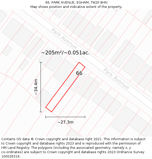 66, PARK AVENUE, EGHAM, TW20 8HN: Plot and title map