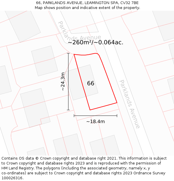 66, PARKLANDS AVENUE, LEAMINGTON SPA, CV32 7BE: Plot and title map