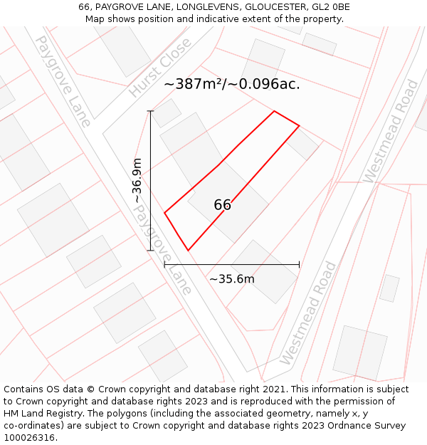 66, PAYGROVE LANE, LONGLEVENS, GLOUCESTER, GL2 0BE: Plot and title map