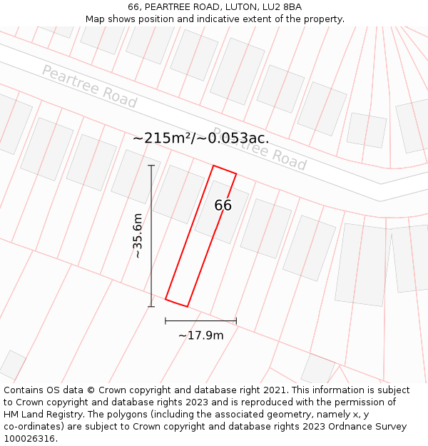 66, PEARTREE ROAD, LUTON, LU2 8BA: Plot and title map