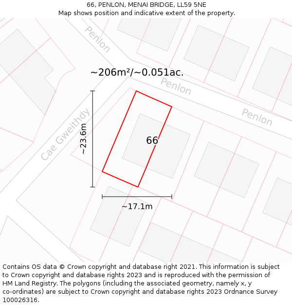 66, PENLON, MENAI BRIDGE, LL59 5NE: Plot and title map