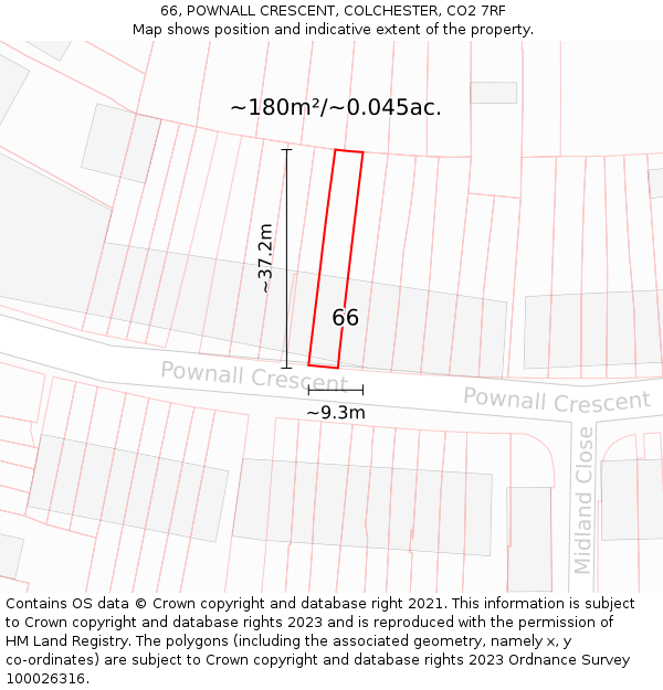 66, POWNALL CRESCENT, COLCHESTER, CO2 7RF: Plot and title map