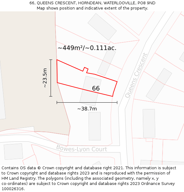 66, QUEENS CRESCENT, HORNDEAN, WATERLOOVILLE, PO8 9ND: Plot and title map