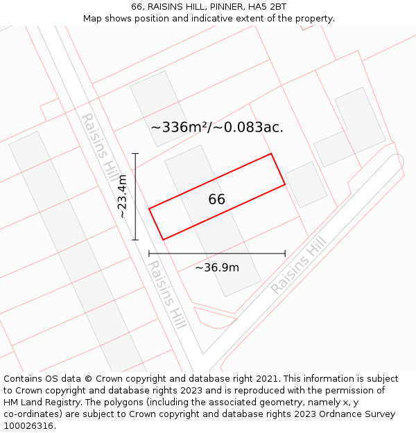 66, RAISINS HILL, PINNER, HA5 2BT: Plot and title map