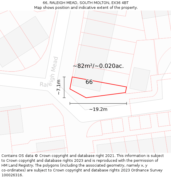 66, RALEIGH MEAD, SOUTH MOLTON, EX36 4BT: Plot and title map