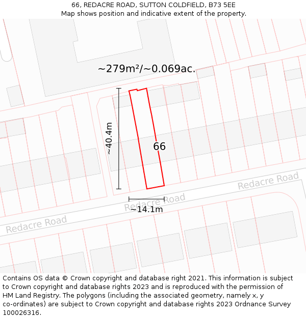 66, REDACRE ROAD, SUTTON COLDFIELD, B73 5EE: Plot and title map