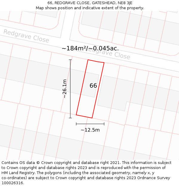 66, REDGRAVE CLOSE, GATESHEAD, NE8 3JE: Plot and title map