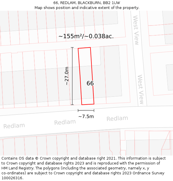 66, REDLAM, BLACKBURN, BB2 1UW: Plot and title map