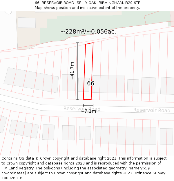 66, RESERVOIR ROAD, SELLY OAK, BIRMINGHAM, B29 6TF: Plot and title map